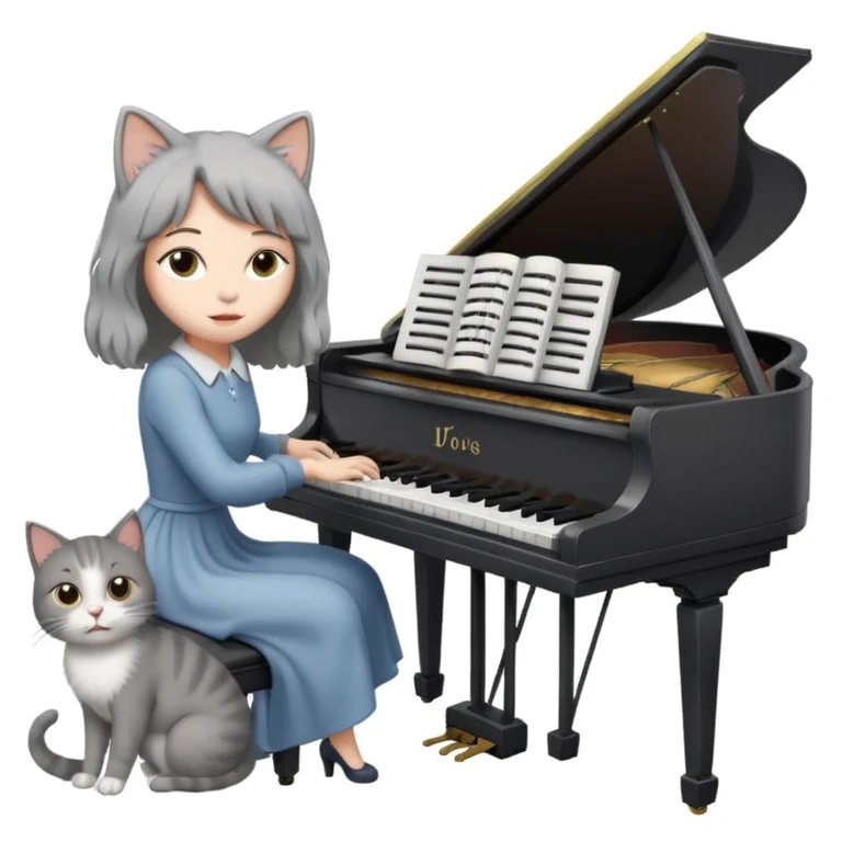woman playing piano while her cat sits on top of the piano emoji
