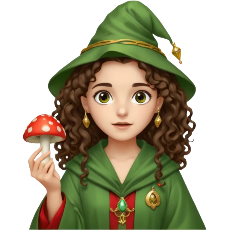 very beautiful italian girl, dark brown eyes, looking like Emma Watson, with curly and big volume very bright brown hair, and a golden piercing ring in nose on left side, dressed in a beautiful wizard robe of green colors, holding red fly mushroom emoji