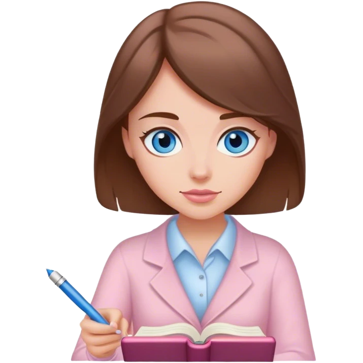 female writer, romantic, brown haired, fair skinned and blue eyed writing a light pink romance book emoji