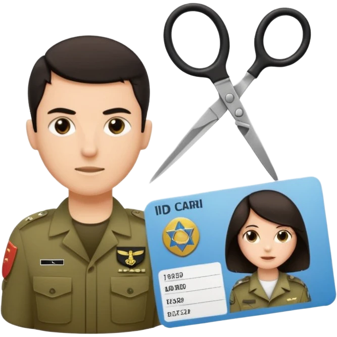 Floating black Scissors cutting in half an idf soldier ID card with a little chip in 2 parts .hyper realistic emoji