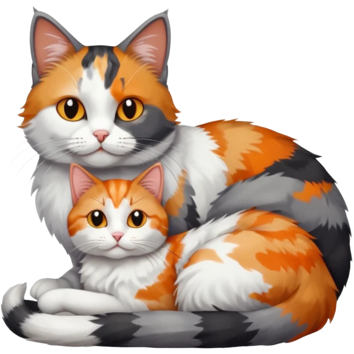 full body colourful light patched calico + white tabby cat cuddling a grey and white cat  emoji