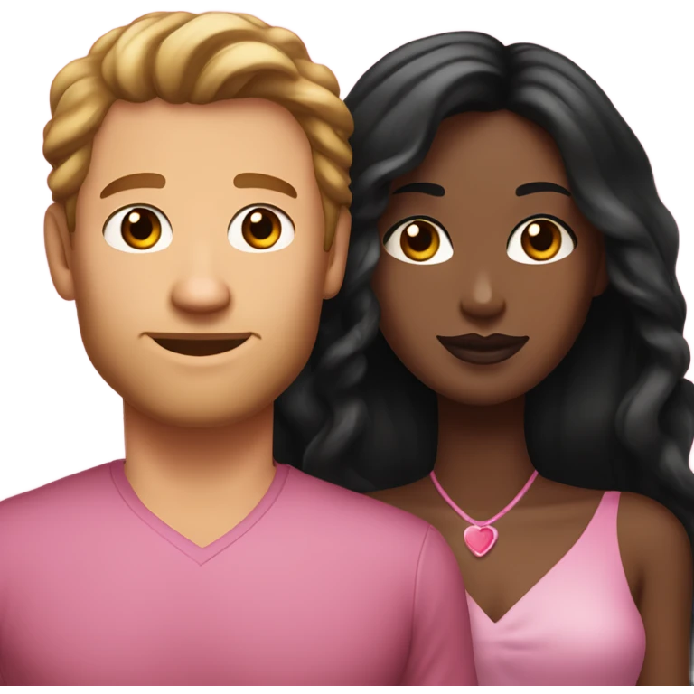 A handsome white man who has long brown hair and tanned skin with a pretty black woman who has long black hair and she is wearing a pink dress and they are a couple emoji