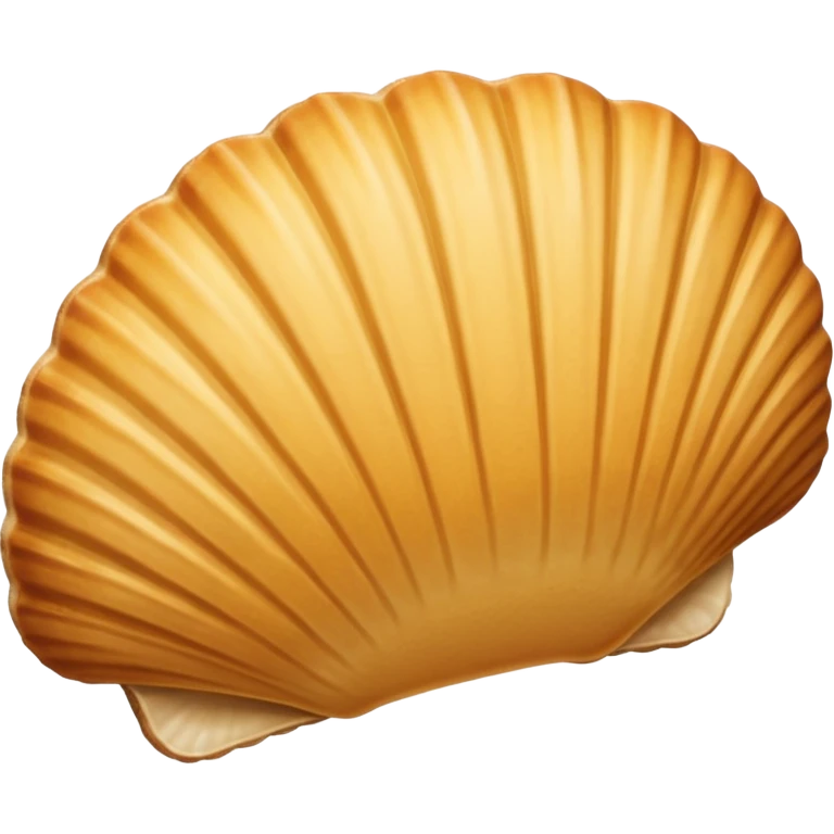 A madeleine pastry. Oval seashell shape with ONLY four to five vertical lines going in the same direction. Light golden brown. Scalloped edge. Cookie. Flat. Long. Oval shape. Lets scallops. Only four or five scalloped lines. Oblong shape. More length. emoji
