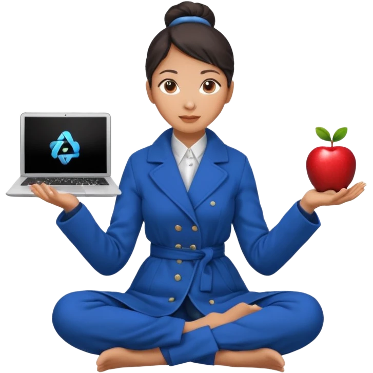 emoji of an asian woman with a single bun in a long blue coat sitting cross legged with dna levitating above one hand and an apple laptop above the other hand emoji