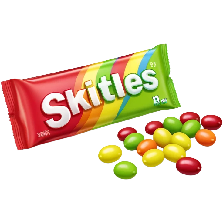 Regular rainbow-colored Skittles package with the standard logo and design, but only lime green Skittles candies spilling out emoji