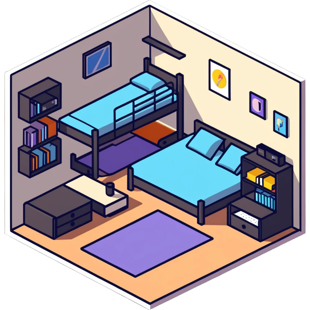 isometric view of teen bedroom layout with gaming setup, bed, and bookshelf emoji