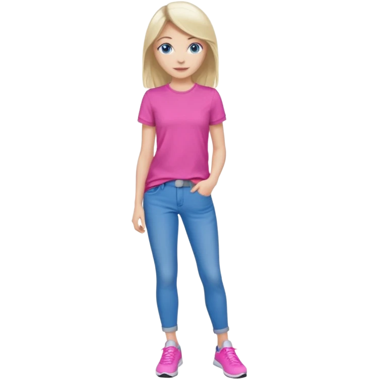 beautiful girl with fair hair, blue eyes, in a vivid pink shirt, grey jeans and white trainers emoji