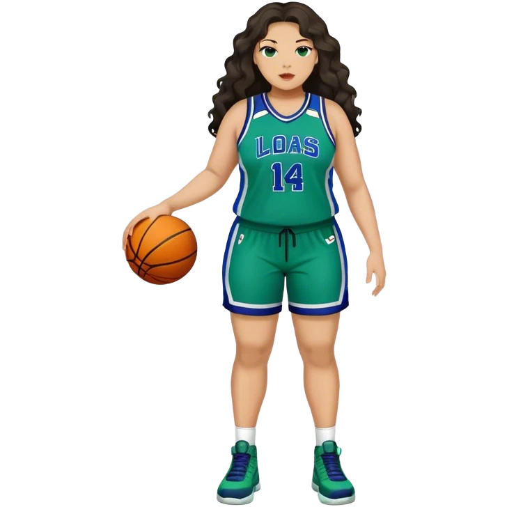Full Body light skin Latino plus size full figured women basketball player with long wavy dark hair  full face  wearing blue and green uniform emoji