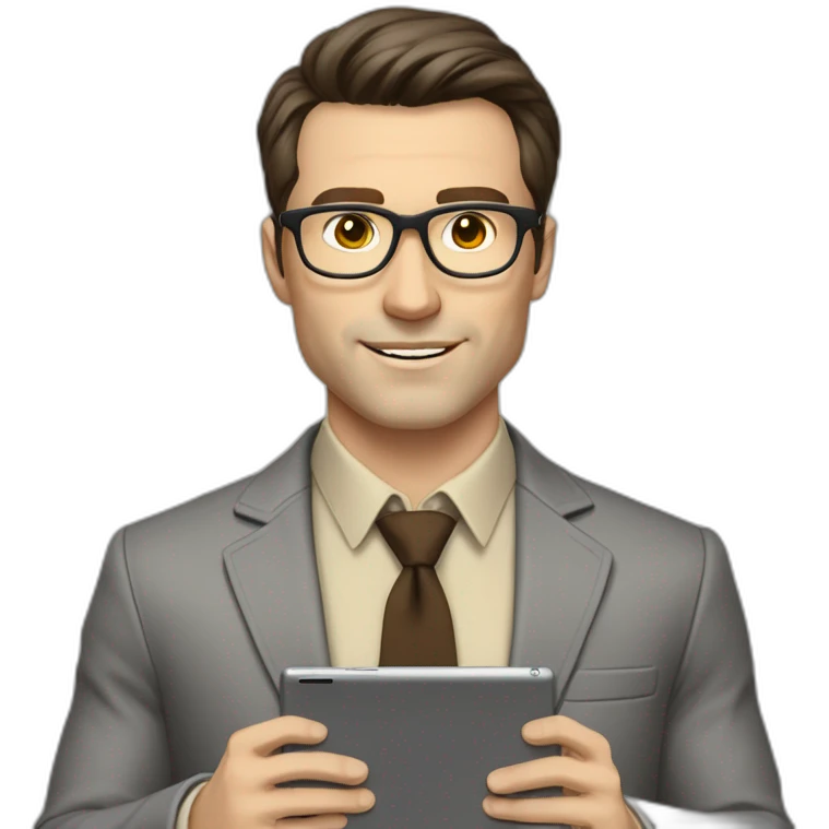 Pale skinned fit man with dark brown hair in gray jacket, beige office shirt, brown tie, brown pants and vintage glasses Writing on the tablet emoji
