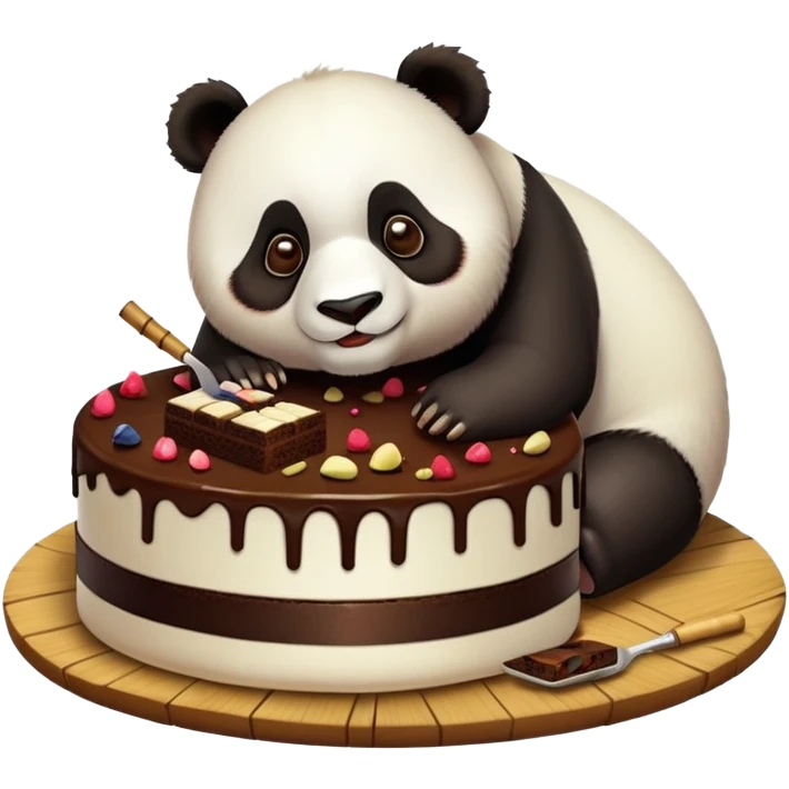 Panda eating an 8 floor chocolate cake with bamboo on top emoji