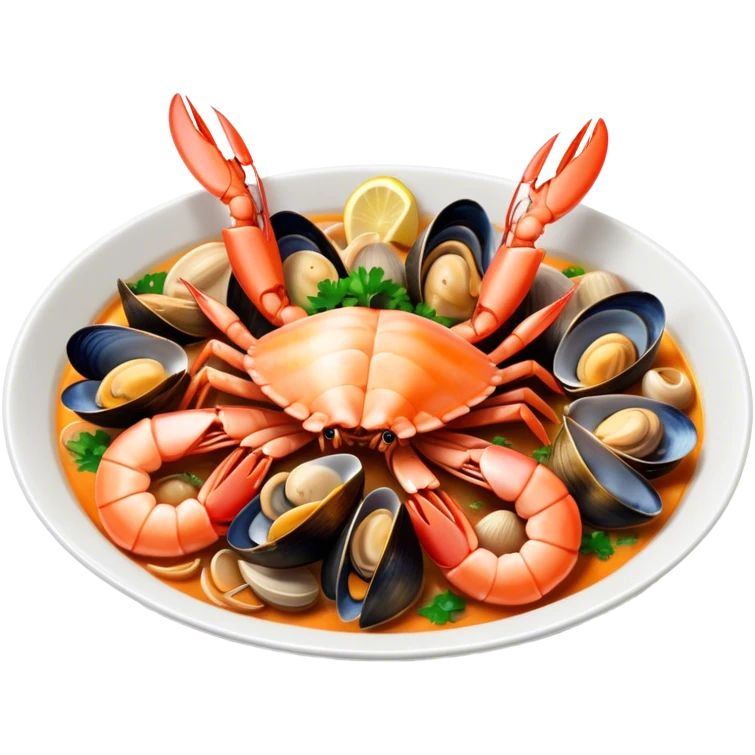 Cinematic Realistic Buzara Seafood Dish Emoji, depicted as a rustic, flavorful seafood stew with shellfish rendered with rich textures and dynamic, maritime lighting. emoji