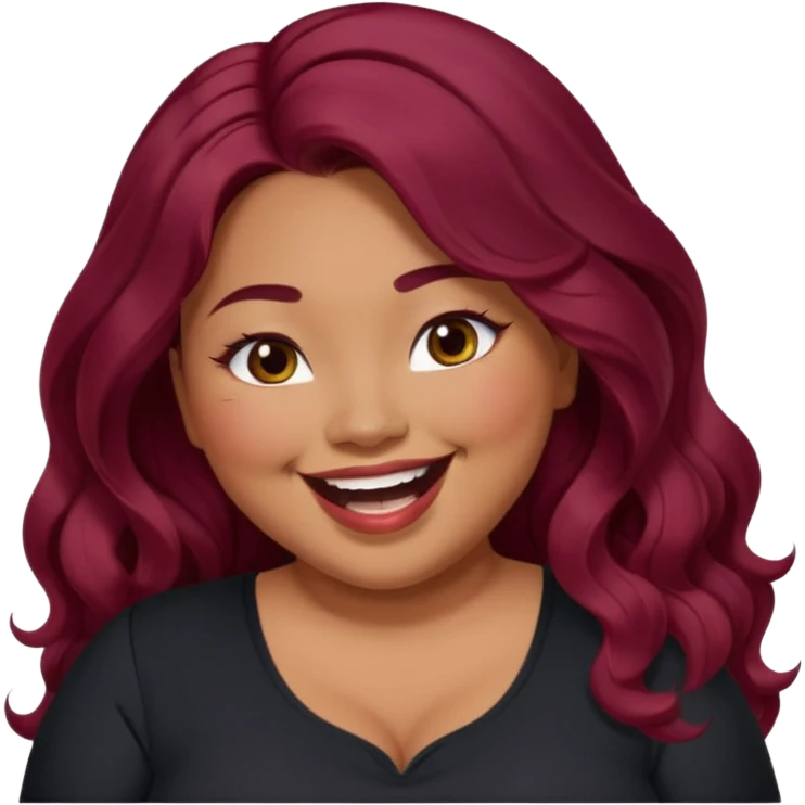 Plus size red hair brown face small eyes long hair Asian eyes small eyes wavy hair eye lashes burgundy hair black shirt laughing small slanted eyes emoji