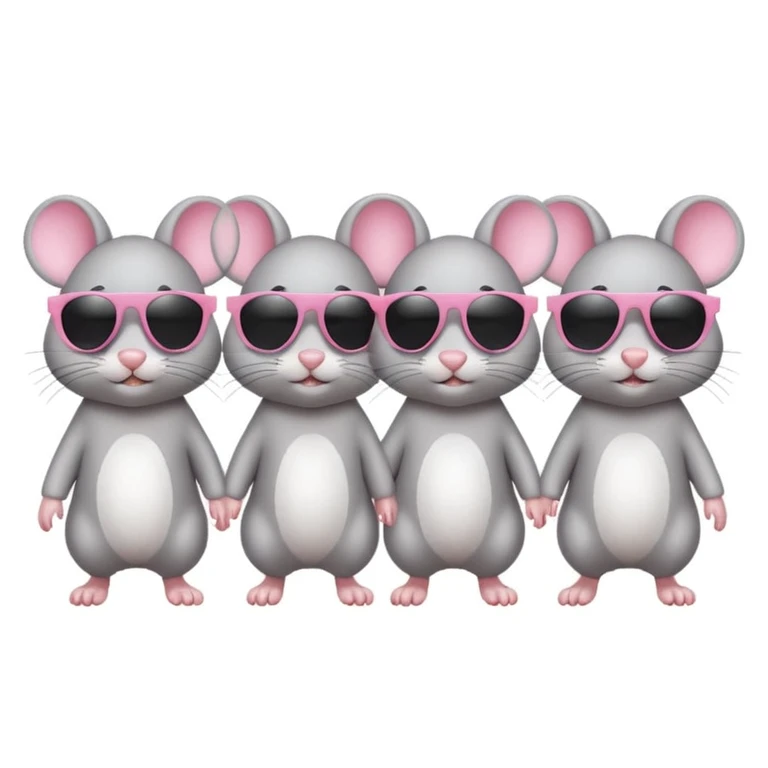 three blind mice, each mouse with dark sunglasses, walking in a line, simple and cute, classic emoji style emoji