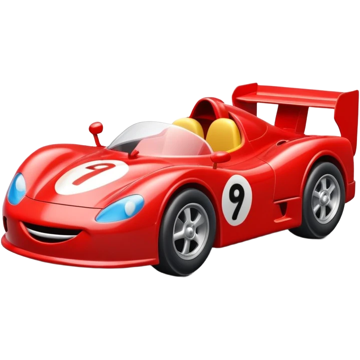A red toy race car with a happy smiling face on the front emoji