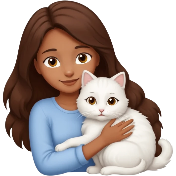 A brown skinned brunette girl hugging a white cat emoji
