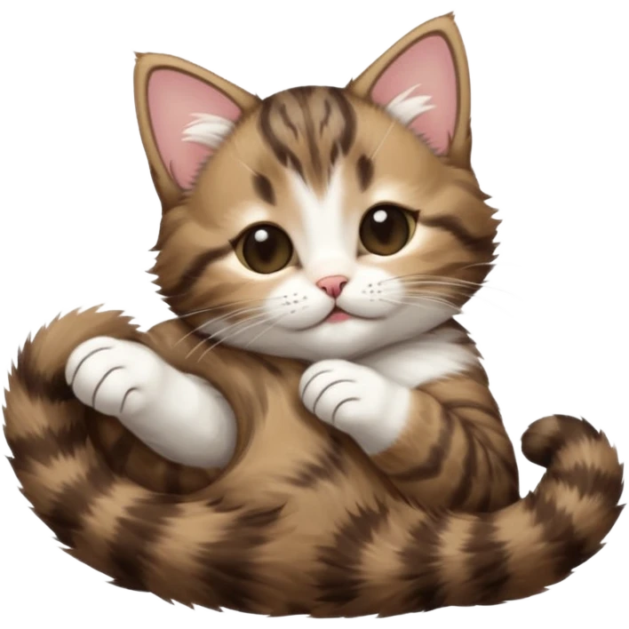 dark brown tabby and white kitten eyes closed whilst stretched out and  upside down emoji