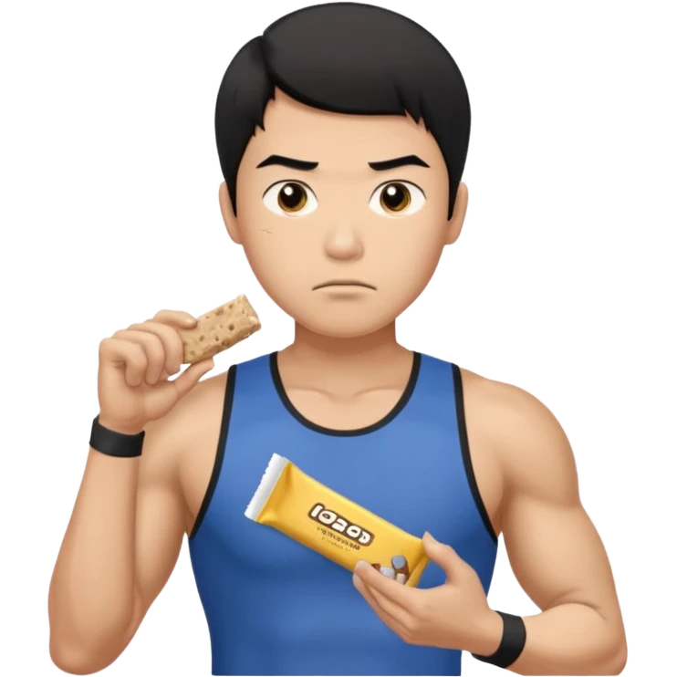 A asian male athlete holding a protein bar and frowning deeply emoji
