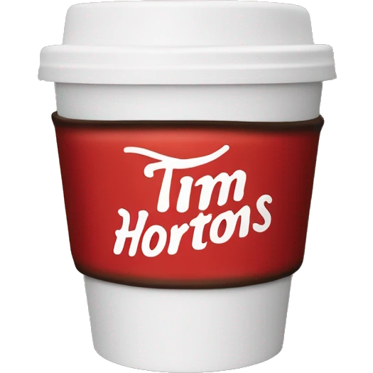 “Red Tim Hortons coffee cup with large white ‘Tim Hortons’ logo in script, black plastic lid, and a simple, clean design.” emoji