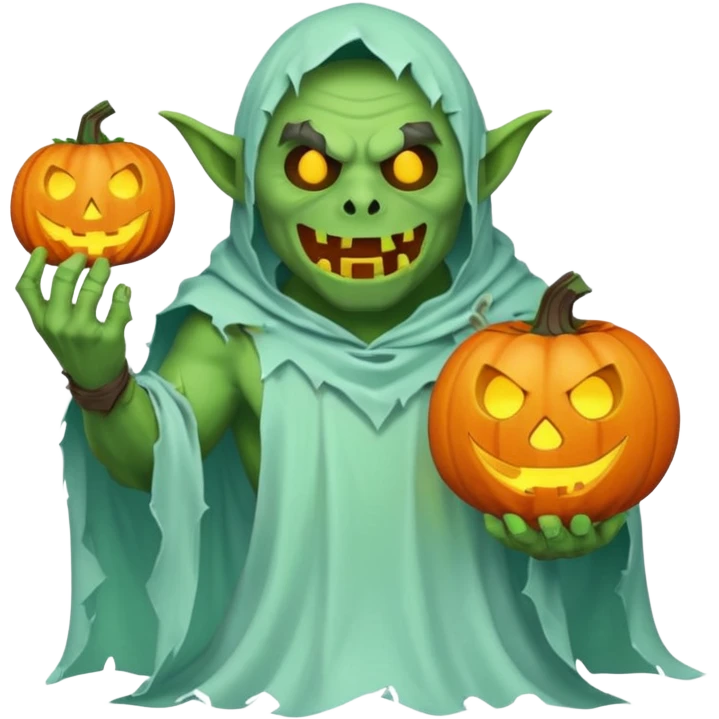 male orc ghost emoji, green skin, tusks, wearing torn white ghost sheet costume, holding glowing jack-o'-lantern, faint blue aura, friendly but spooky expression, Halloween fantasy theme, Apple emoji style, clean white background, square emoji