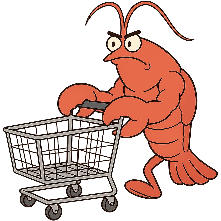 strong lobster pushing a shopping cart, transparent background emoji
