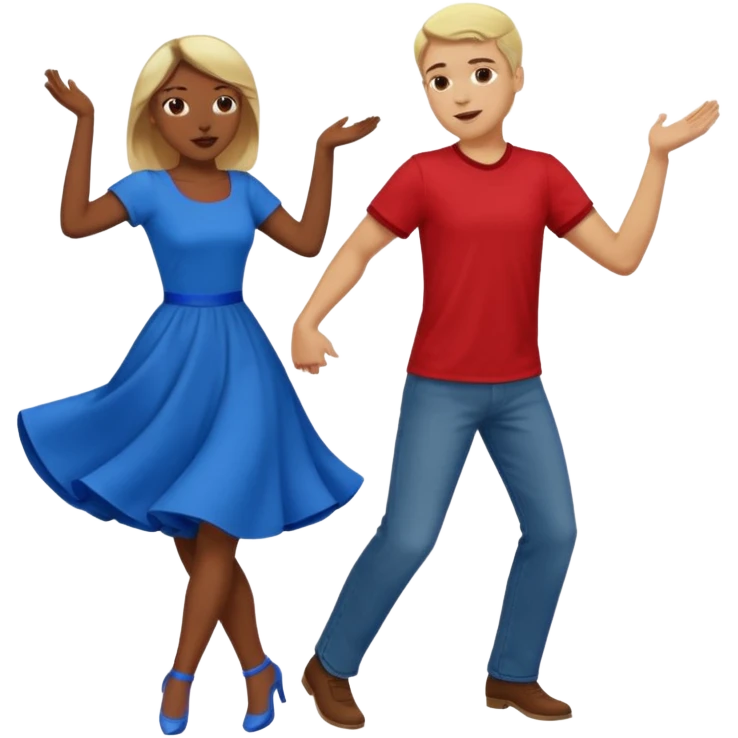 Two people  conservative people dancing. A man wearing red with light skin and blonde hair. A women wearing bue with dark skin and brown hair. emoji