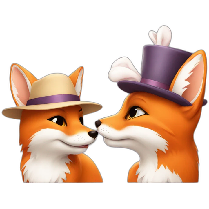 fox with hat kiss white bunny emoji