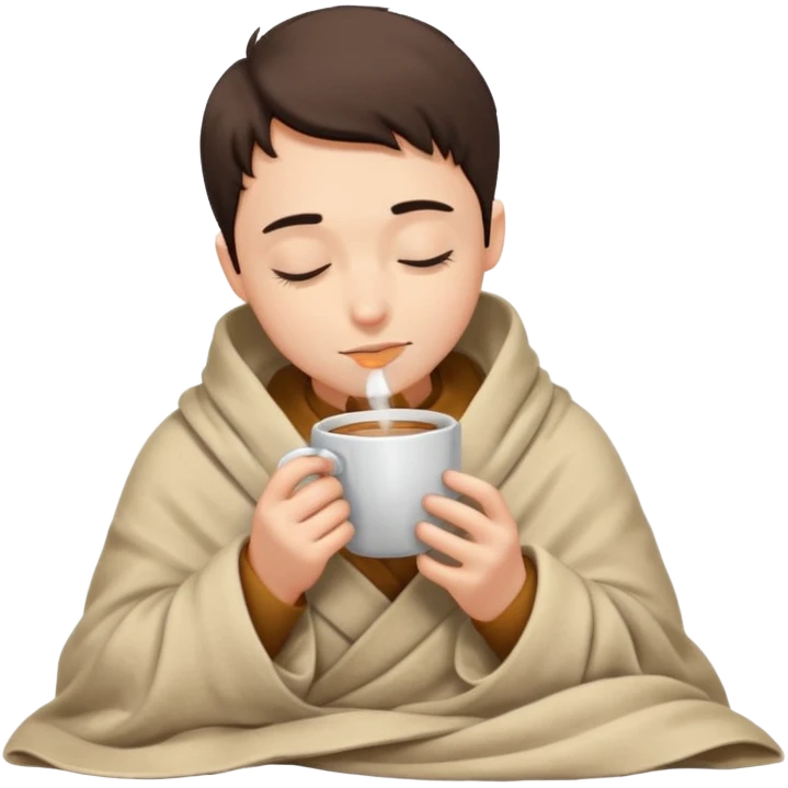 Boy inside a blanket sipping coffee eyes closed emoji