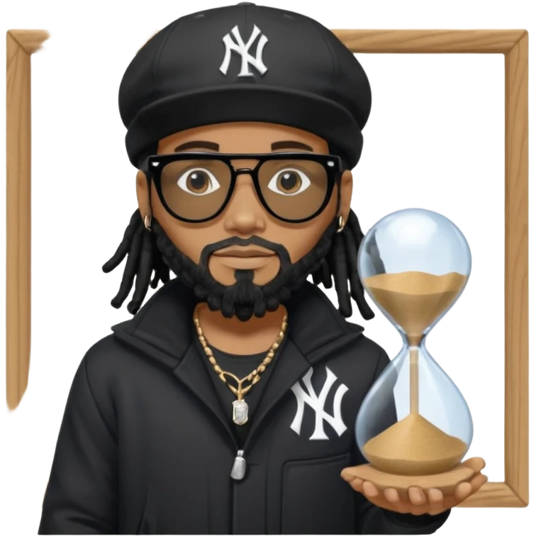 African American Man with shoulder length black dreadlocks with black beard wearing black sunglasses wearing a black bubble winter coat and a New York Yankees logo baseball cap holding a hourglass emoji