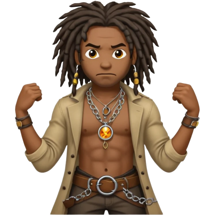 a angry black man with dreads and a circle pendant chain to the side slanging back and forth a belt emoji