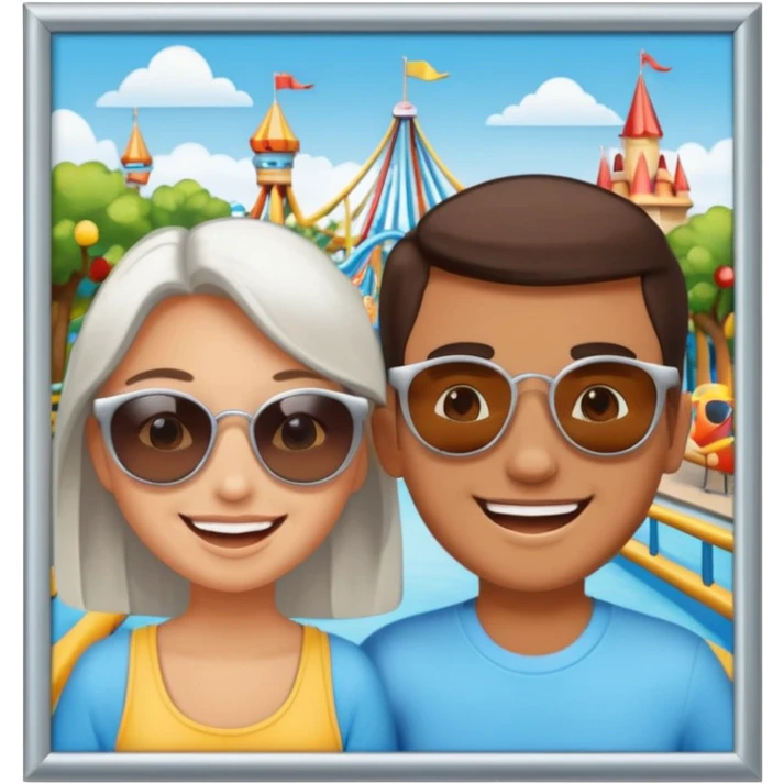 a photo in a silver frame, of 2 friends in a theme park emoji