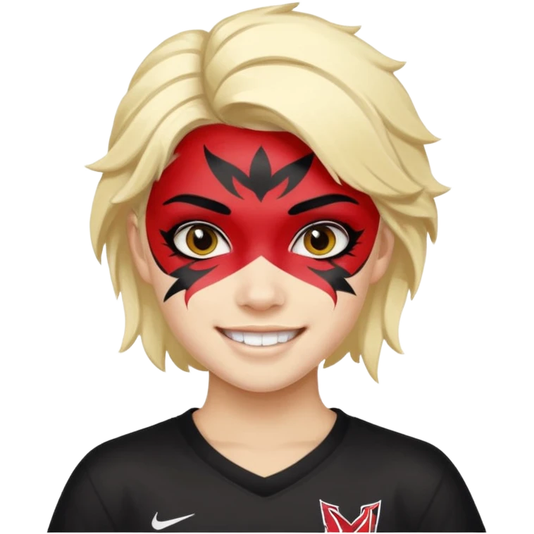 A black hair teen supporter with bold full-face paint, smiling with fierce team spirit. blonde hair emoji