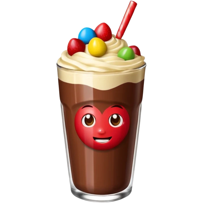 Un vaso cubierto de chocolate que arriba se vea crema batida varias fresas y mym emoji