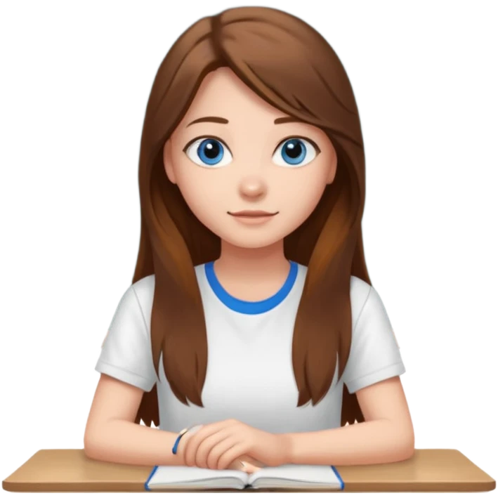 high school class room with a pretty female high school student with long brown hair, blue eyes sitting in front of the blackboard emoji