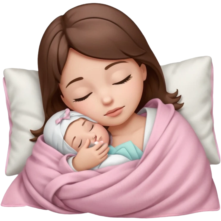 Sleeping child with brown hair wrapped in a light pink blanket with a white bow over the blanket emoji