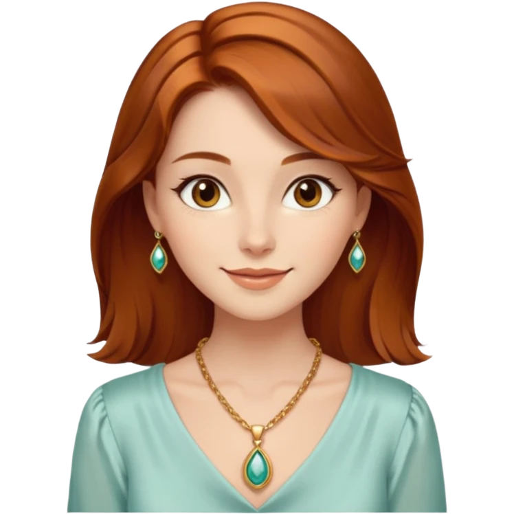 young elegant lady, shoulder-length auburn hair, silk blouse, gold pendant, warm smile emoji
