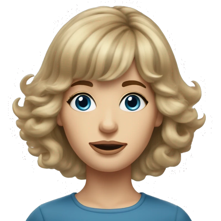 Medium length Dirty blonde poofy hair with bangs all across forehead and sides swept away from face woman of 60 with blue eyes  emoji