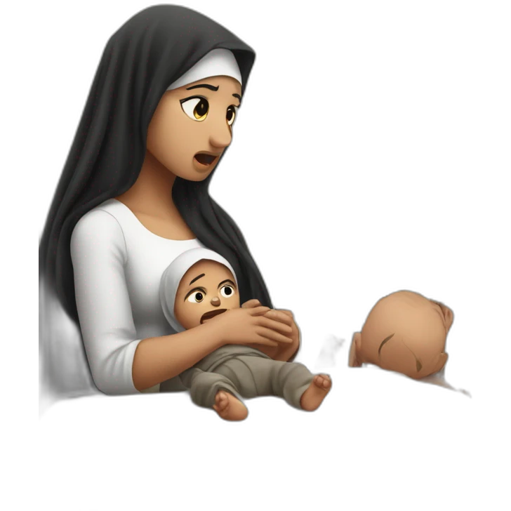 photorealistic angry arab in palestinian outfit looking at baby in crib emoji