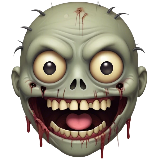 Cinematic Comical Zombie Portrait Emoji, with a grotesquely exaggerated yet playful decaying face in muted ashen tones, head cocked in a dramatically shocked expression with wildly comical, googly eyes and a gaping, silly grin revealing quirky stitches, simplified yet hilariously expressive, highly detailed with a soft eerie glowing outline capturing the absurd humor of a zombie in comic disbelief! emoji