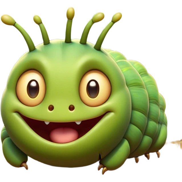 Cinematic Cheeky Caterpillar Portrait Emoji, Head tilted dramatically with an exaggeratedly surprised expression, featuring a tiny, wiggly body with wide, comically expressive eyes full of playful wonder and animated, curving segments, Simplified yet hilariously expressive features, highly detailed, glowing with a slightly sassy natural glow, high shine, dramatic yet playful, stylized with an air of cheeky woodland mischief, soft glowing outline, capturing the essence of a meme-worthy caterpillar that looks ready to wiggle its way into viral fame! emoji