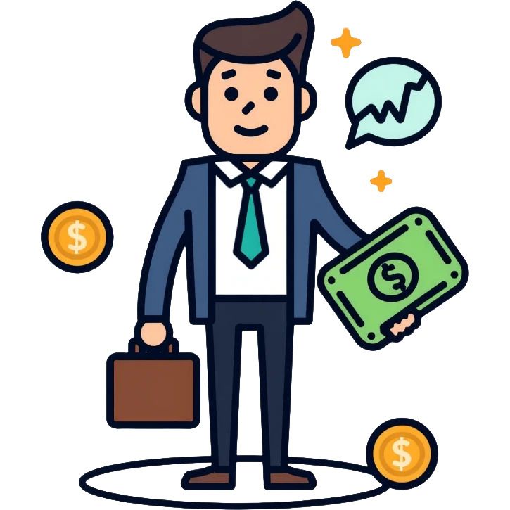 Finance expert businessman with briefcase, stock market chart, and money emoji