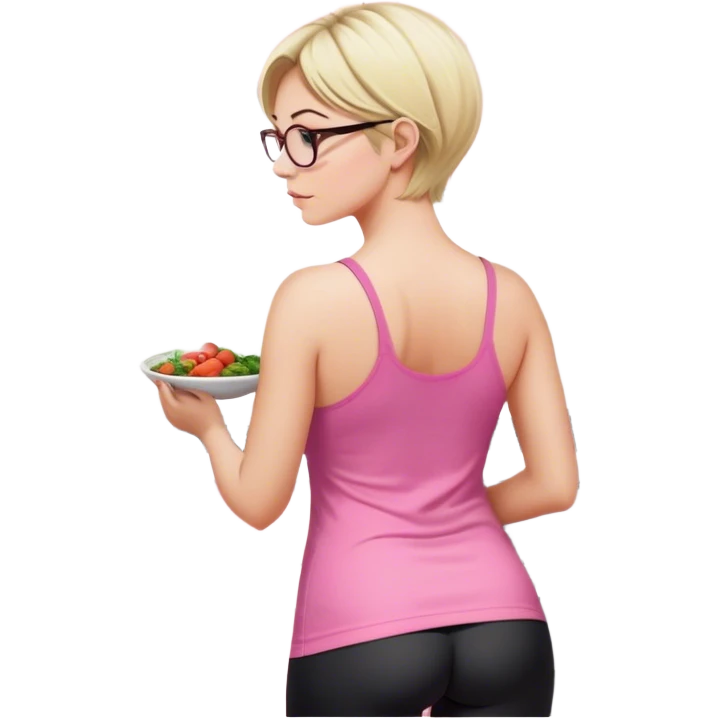 Render from knees up, view from the back, fair skinned woman, curvy, short blond hair, small reading glasses, cooking dinner in kitchen, pink loose tank top, showing natural B cup breast shape SFW, black yoga pants, large curvy booty emoji