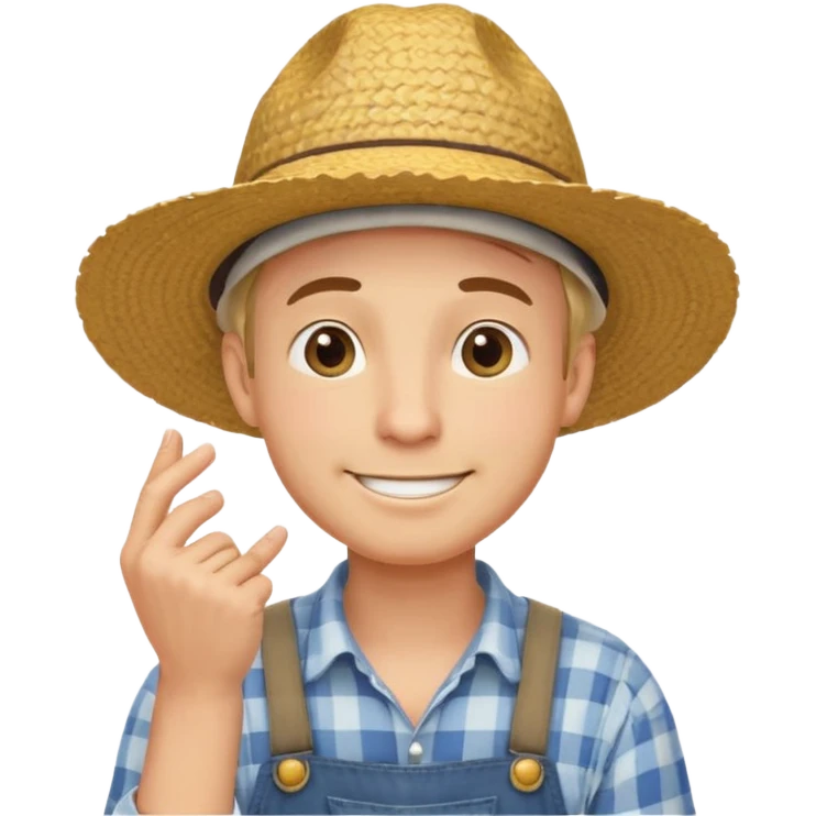 “A single emoji-style character combining 👨‍🌾😄 and 🤔: a smiling farmer with a straw hat, one hand under his chin in a strong thinking gesture, eyes looking upward thoughtfully, expressive face, clean flat emoji design, bold outlines, soft colors, transparent background.” emoji