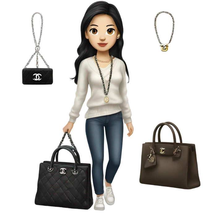 Realistic Dark hair Chanel Asian Girl with Birkin bag and Chanel necklace emoji