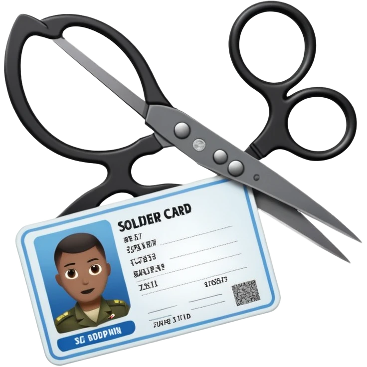 Floating black Scissors cutting an idf soldier ID card in 2 parts .hyper realistic emoji