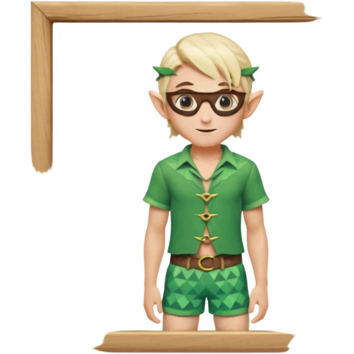 elf male legolas portrait, patterned board shorts (geometric/abstract), unique wooden-framed sunglasses, undercut hairstyle, slight smirk, visible pointy ears, no background, centered emoji, hipster summer vibe emoji