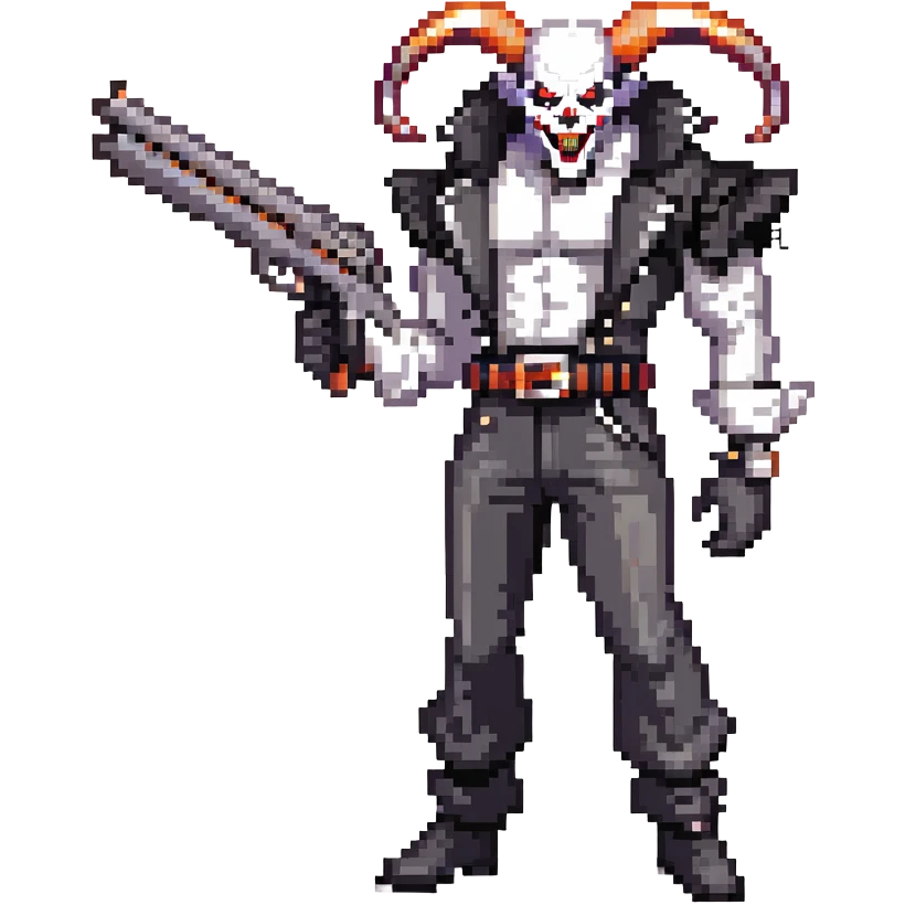full-body muscular demonic clown in a black and white leisure suit with bellbottom pants, bald, with black ram horns, flashy black and white belt, ruffled white shirt, no neck tie, large fangs, holding a very large futuristic rifle emoji