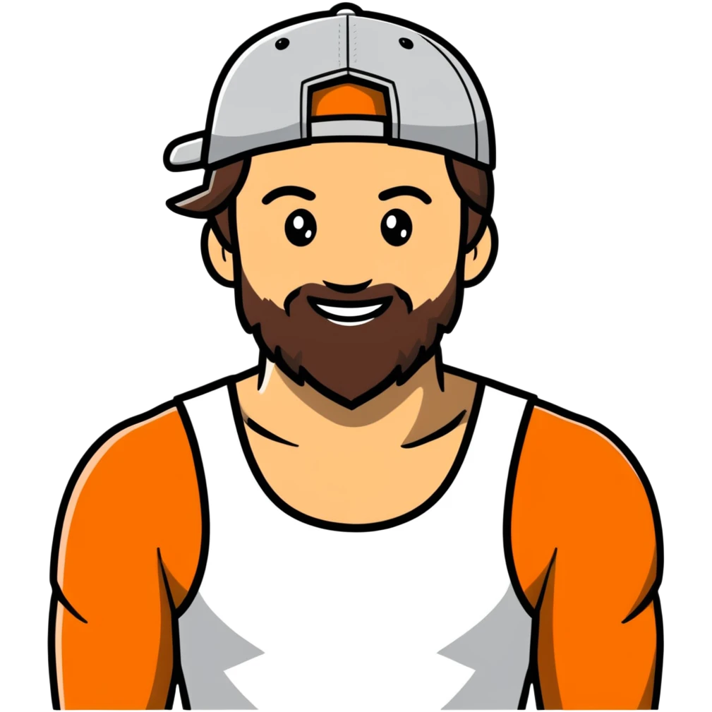 Alex Hormozi, white man with mid-long hair wearing a cap, big beard, smiling, white tank top emoji