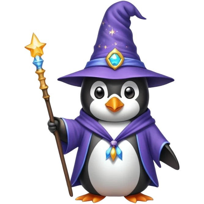 penguin wizard with magic wand and wizard hat emoji