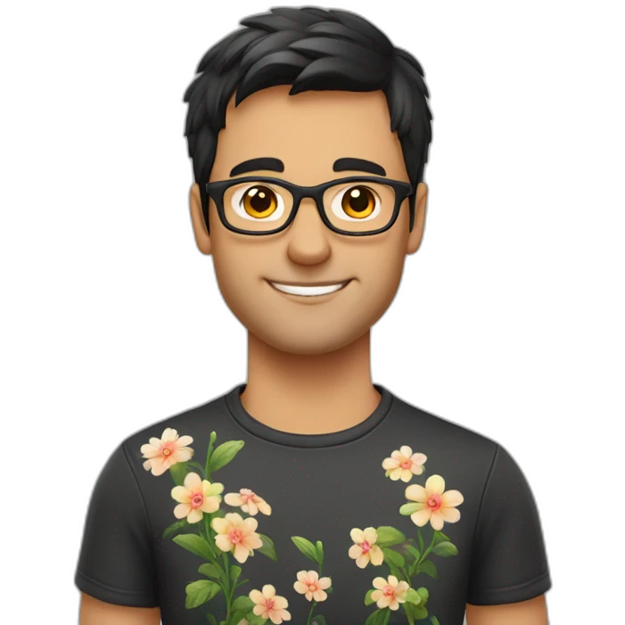german guy with short dark hair wearing glasses and dark t-shirt with flowers print emoji