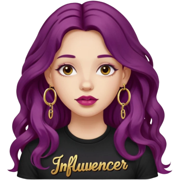 Girl with burgundy purple  wavy long hair wearing a black tshirt "influencer " in pink lettering font, large gold hoop earrings  & lip piercing
 emoji
